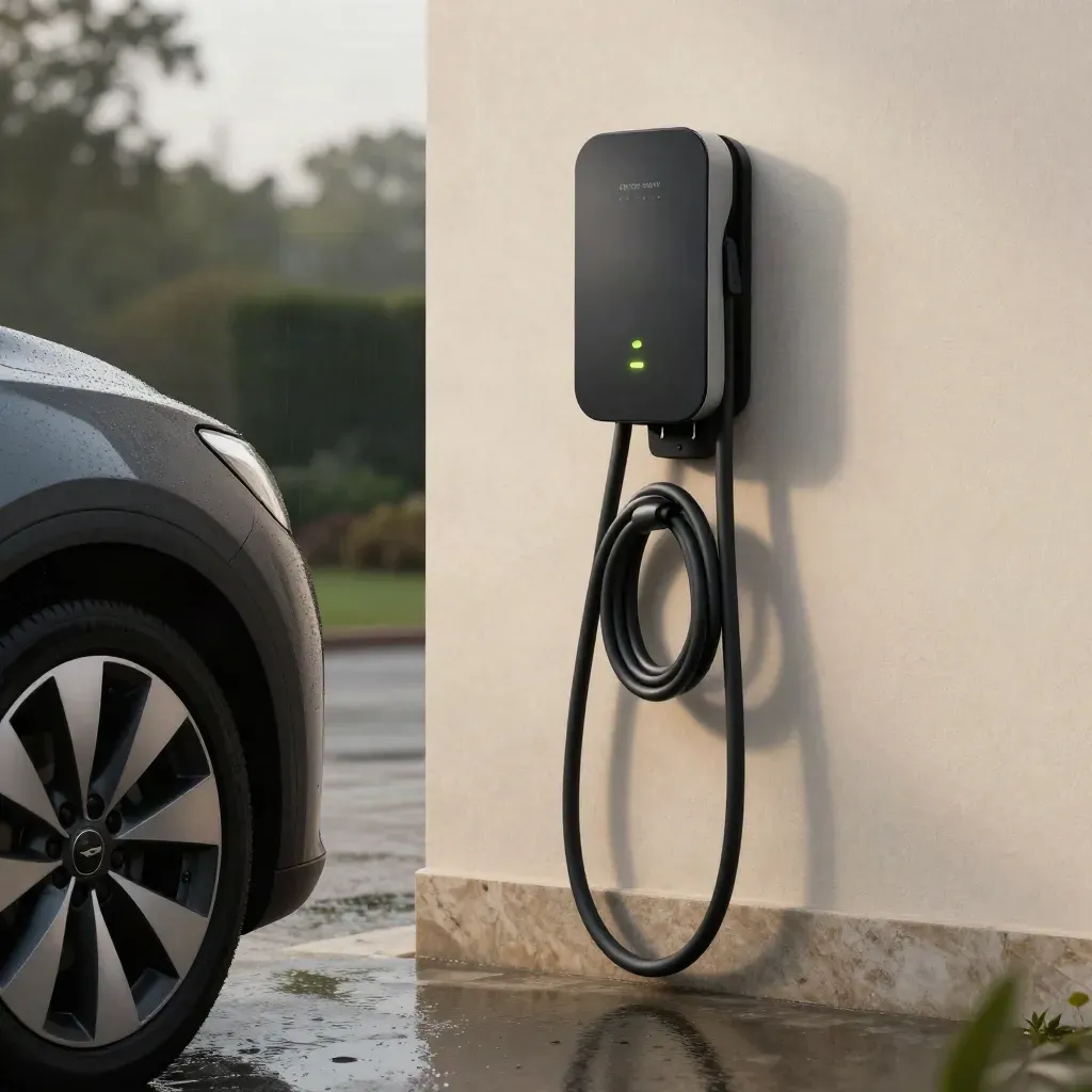Black EV charger beside a wet driveway with coiled lead and parked car wheel.