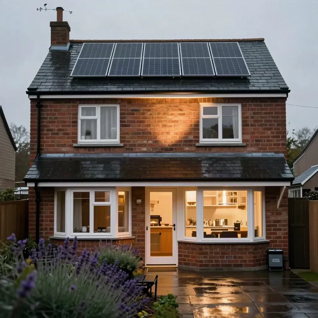 Terraced home with roof solar array and warm dusk light glowing from a utility doorway.