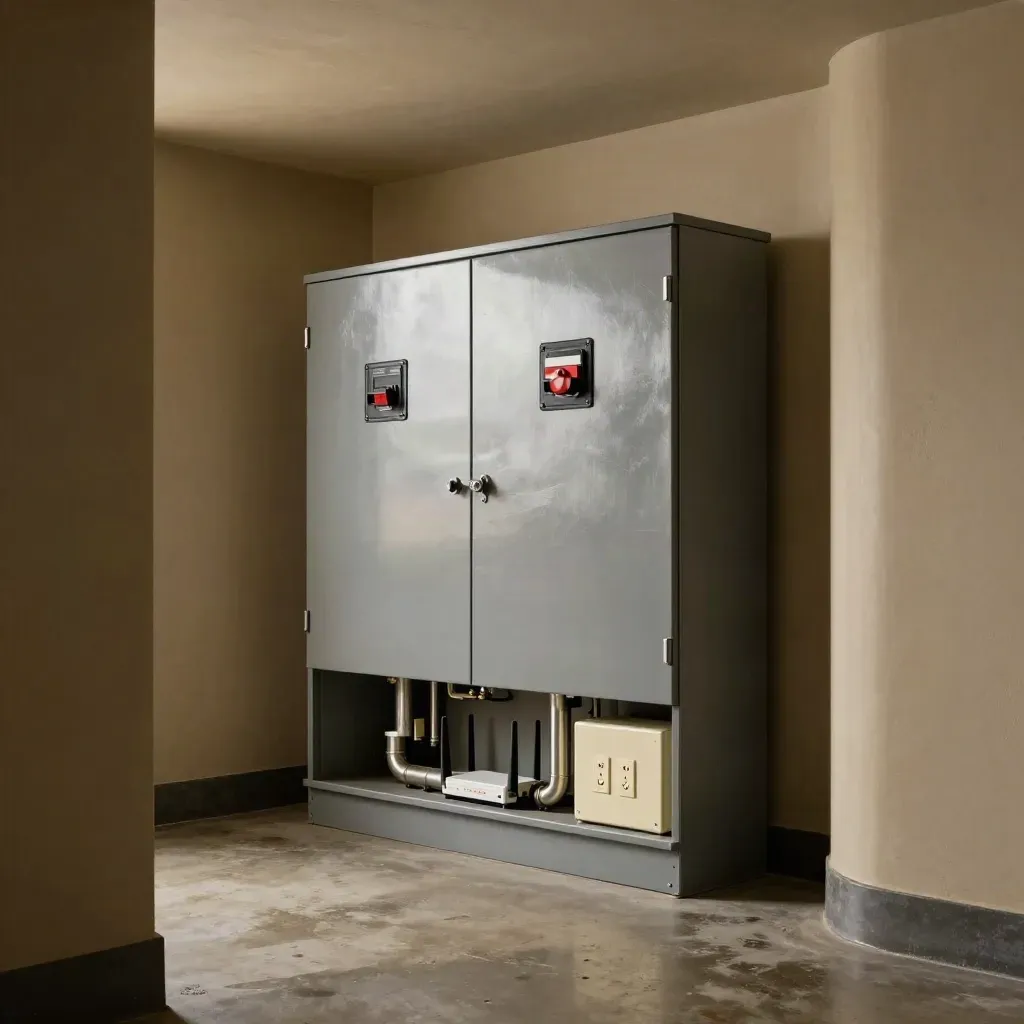 Battery backup cabinet, changeover switch and subpanel in a dramatic service room