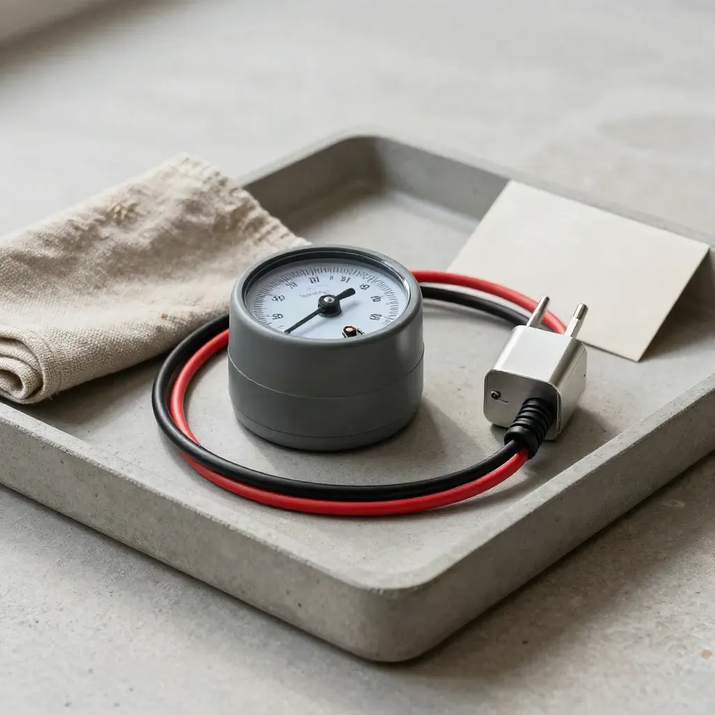Insulated test meter, leads, adaptor and linen cloth on a concrete tray in soft daylight.