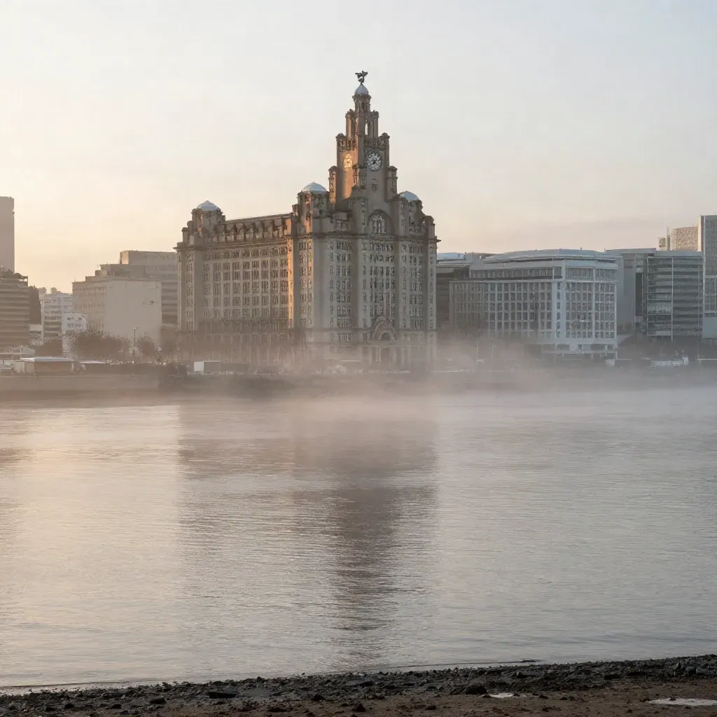 Liverpool waterfront and the Royal Liver Building at sunrise above calm Mersey mist.