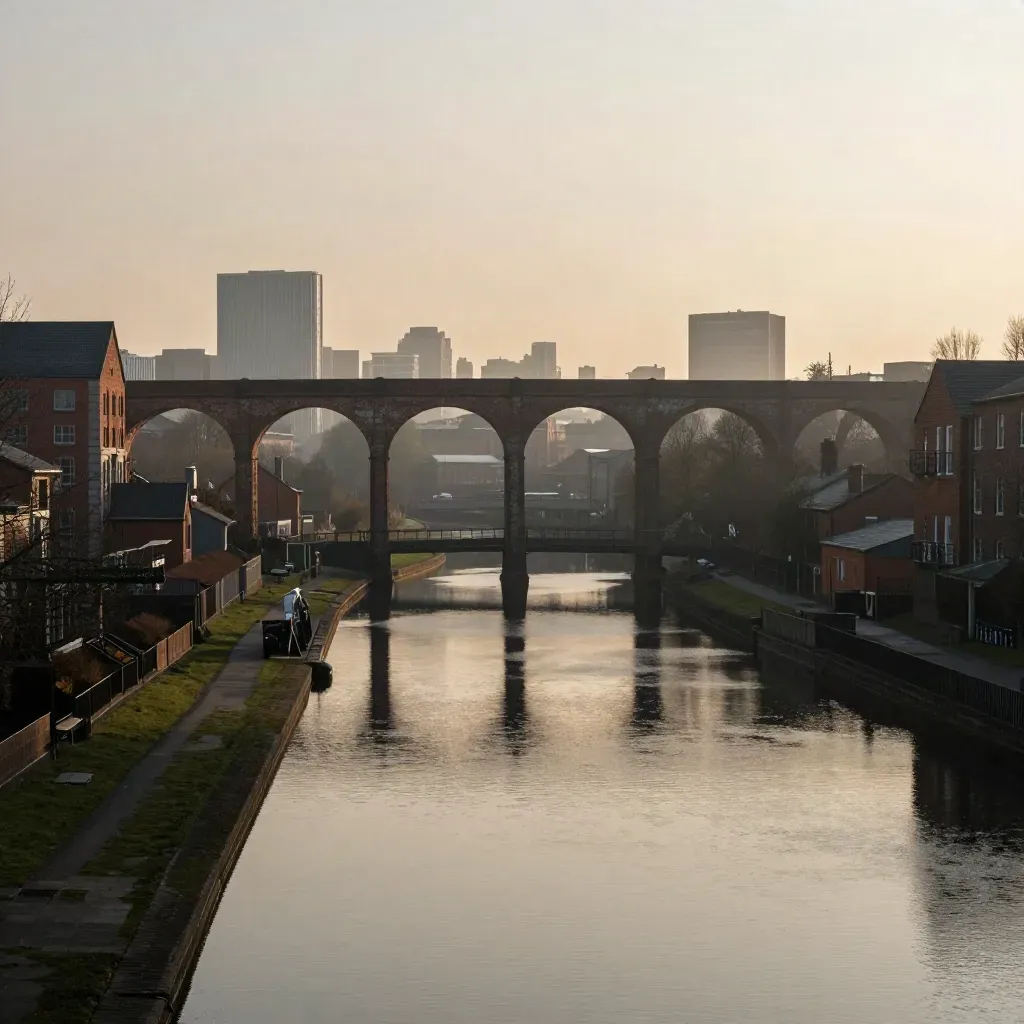 Golden dawn over Birmingham canals and brick viaducts in a hazy West Midlands skyline